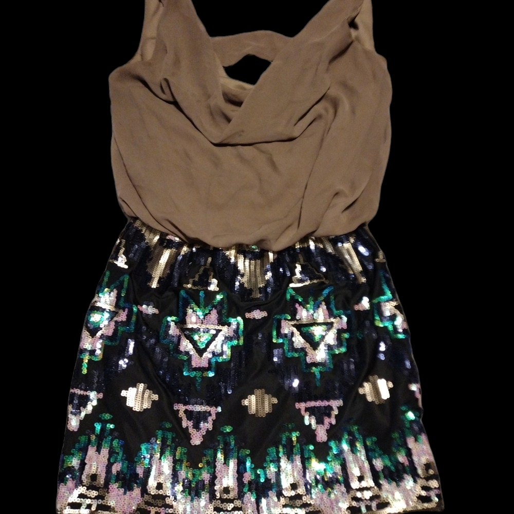 As You Wish Cowl Neck Open Back Stunningly Sequined Mini dress Sz S NWOT